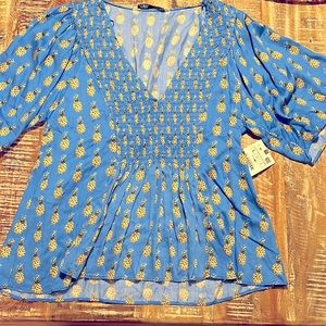 Zara blue smocked pineapple top